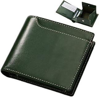 スリム二つ折り財布 ボックス型小銭入れ レザー財布 コンパクト財布 二つ折り財布 本革 メンズ レディース (グリーン)